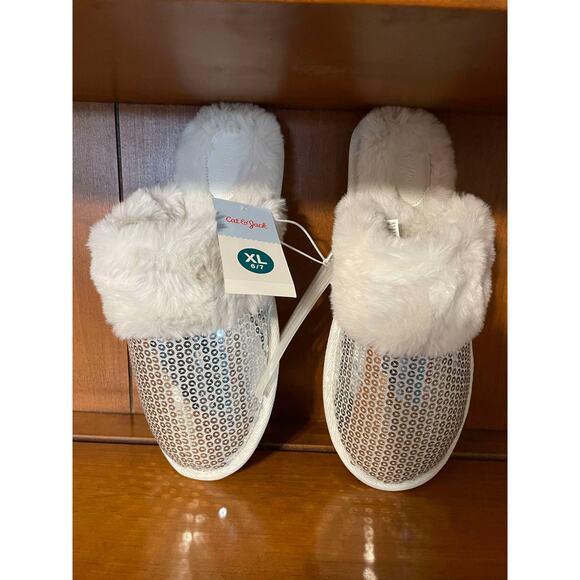 NWT Cat & Jack XL (6/7Y) Sequin & Faux Fur Slippers - Picture 2 of 2